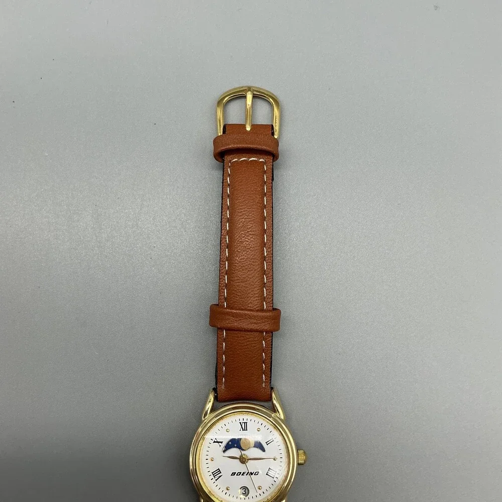 Boeing Womens Watch 25mm Day Night Moon Phase Gold Tone Leather Date New Battery